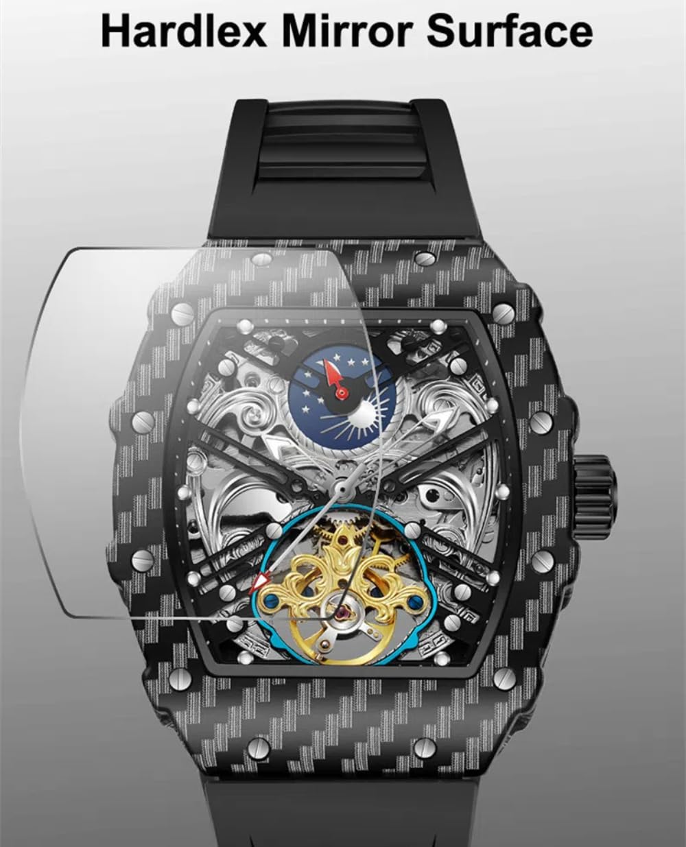 Męski czarny szkielet automatyczny zegarek mechaniczny luksusowy Tourbillon Hollow Vintage zegarki Tonneau cyferblat silikonowy pasek zegarek na rękę