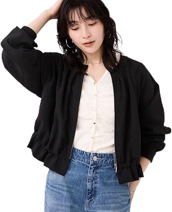 ViS Womens Blouson Beauty Easy Linen Like Zip Hem Ruffle Blouson / Easy Care, Cool to the Touch, black 01, Free size