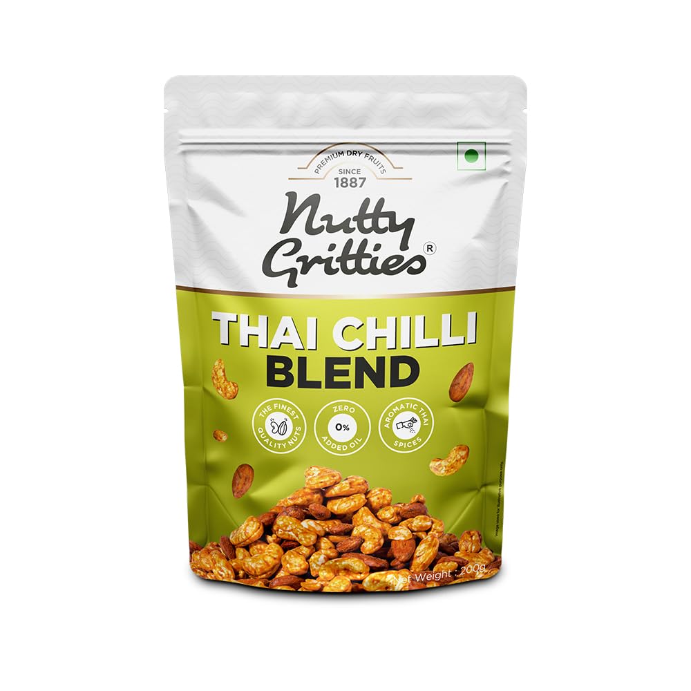 Nutty Gritties Thai Chilli Blend Trail Mix - Almonds, Cashews and Peanuts - Healthy Party Snack, Dry Roasted, Non Fried, Zero Oil, Crunchy, Tasty | Resealable Pouch - 200g (Pack of 2)