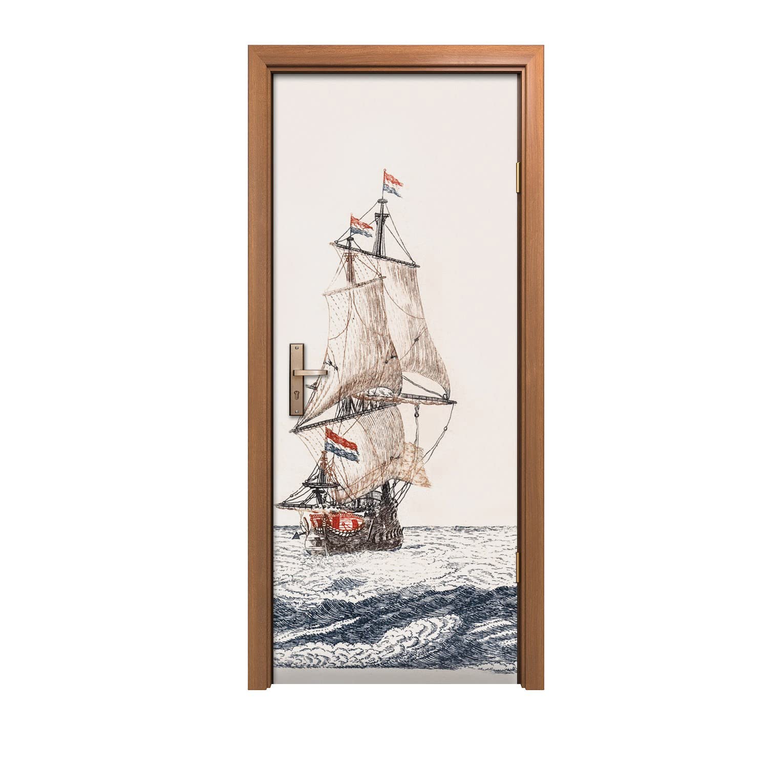 Autocollant de porte trompe l'oeil vagues et navires decoration 80x200