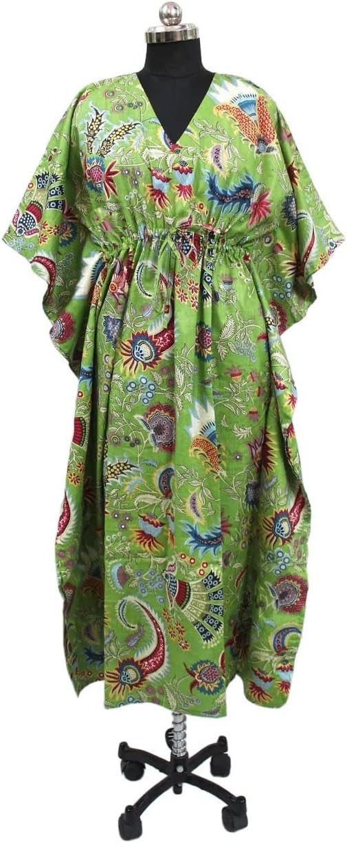 INDACORIFIE Caftan en coton, vêtements de détente, robe de plage avec pompons, vêtements de nuit, robe confortable, robe longue, vêtements de maternité, robe caftan pour femme, vêtements occidentaux, multicolore, multicolore