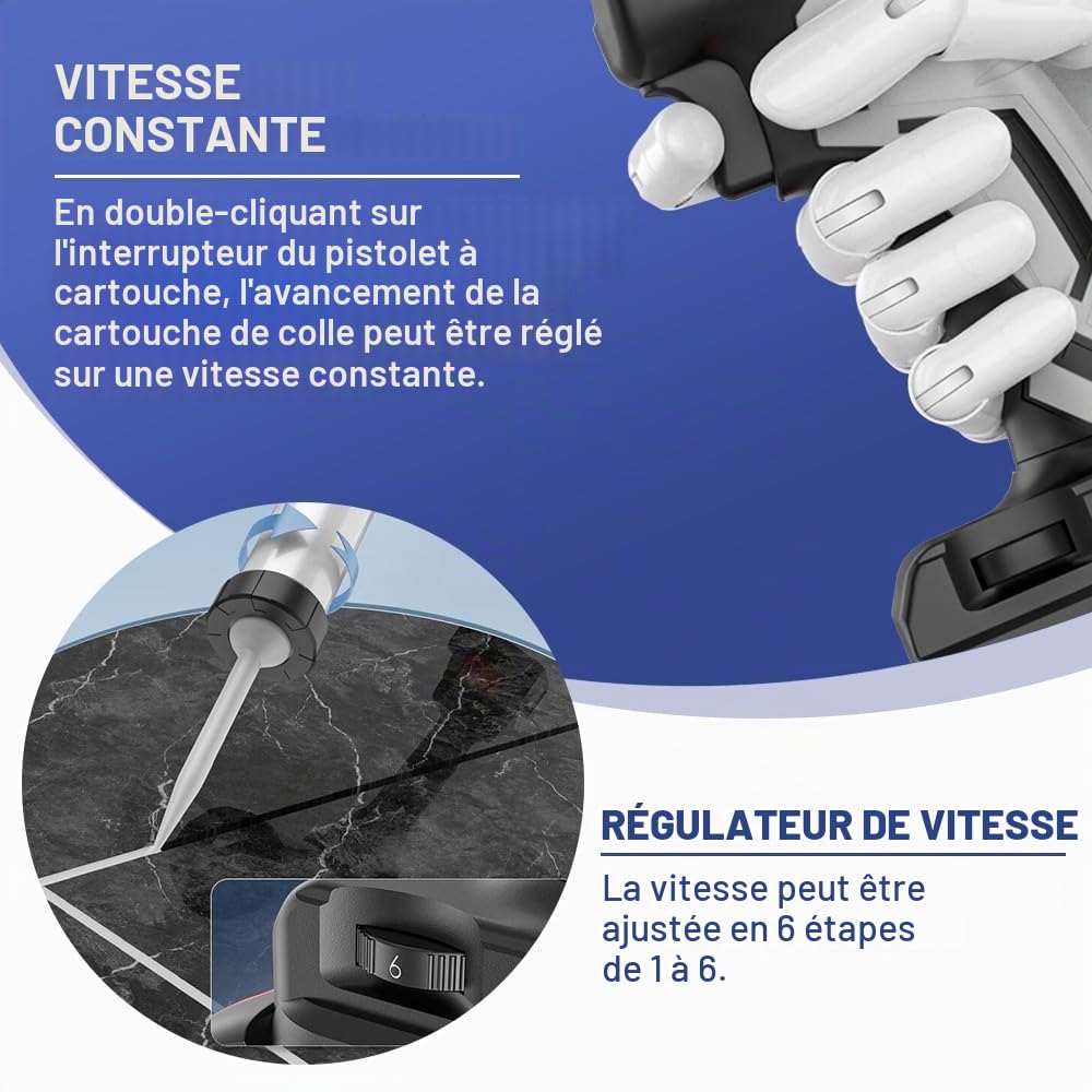 Presse à cartouche électrique pistolet à silicone avec 2 batteries 21V 2Ah | 7840N pistolet à cartouche avec LED, 16X buses d'étanchéité, 6X bases de rechange, 0-32mm/s, 6 vitesses, pour saucisse
