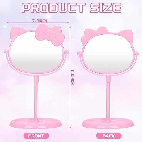 Miniatura 3 de Ocomuan Espejo de maquillaje de escritorio de gatito, bonito espejo compacto de gatito rosa con soporte de almacenamiento de maquillaje, adecuado