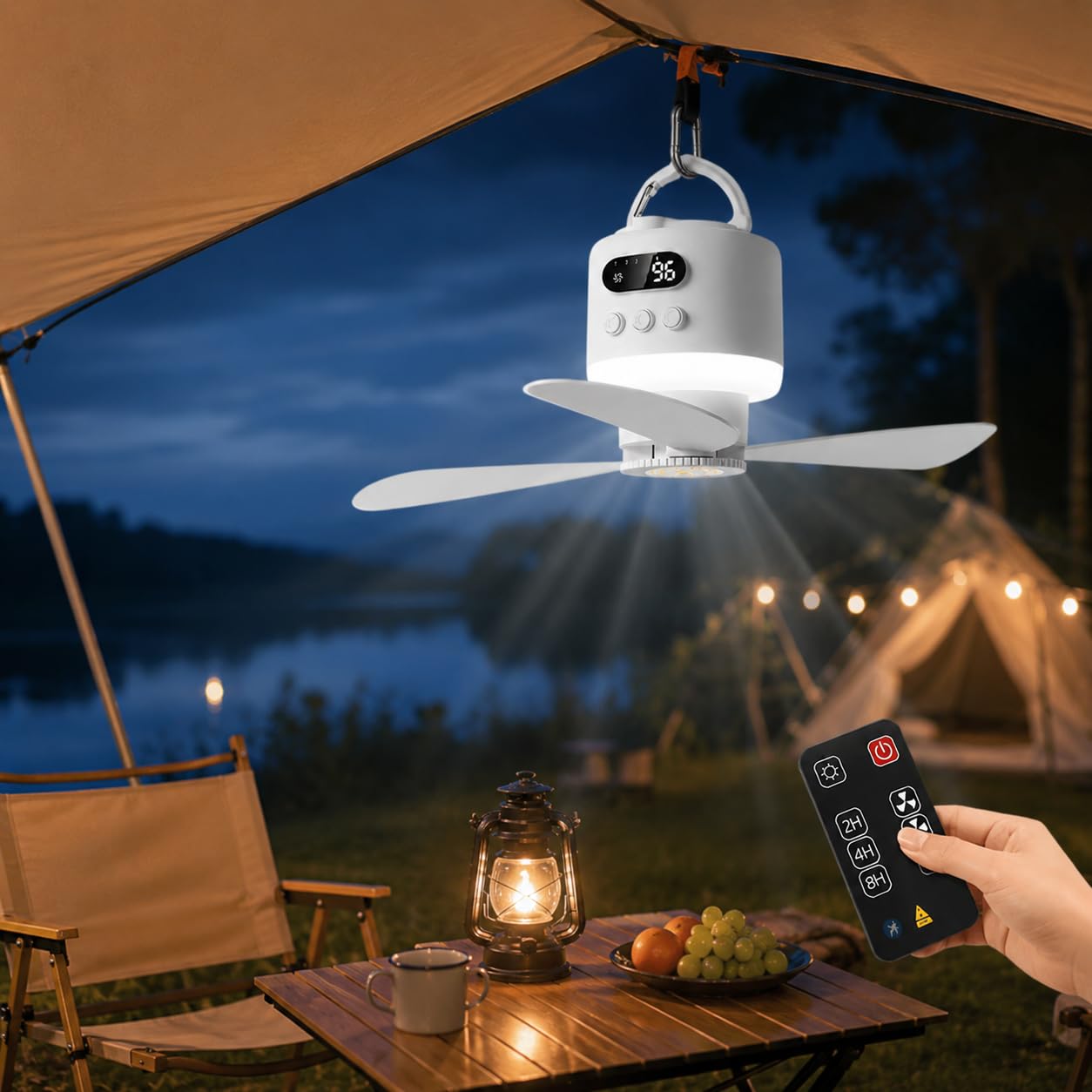 Deckenventilator mit Beleuchtung, 45CM Camping Ventilator für Zelt, 15600mAh Akku aufladbar mit Licht und Fernbedienung USB Timer leise, mobiler Deckenventilator für Outdoor Pavillon Terrasse (Weiß)