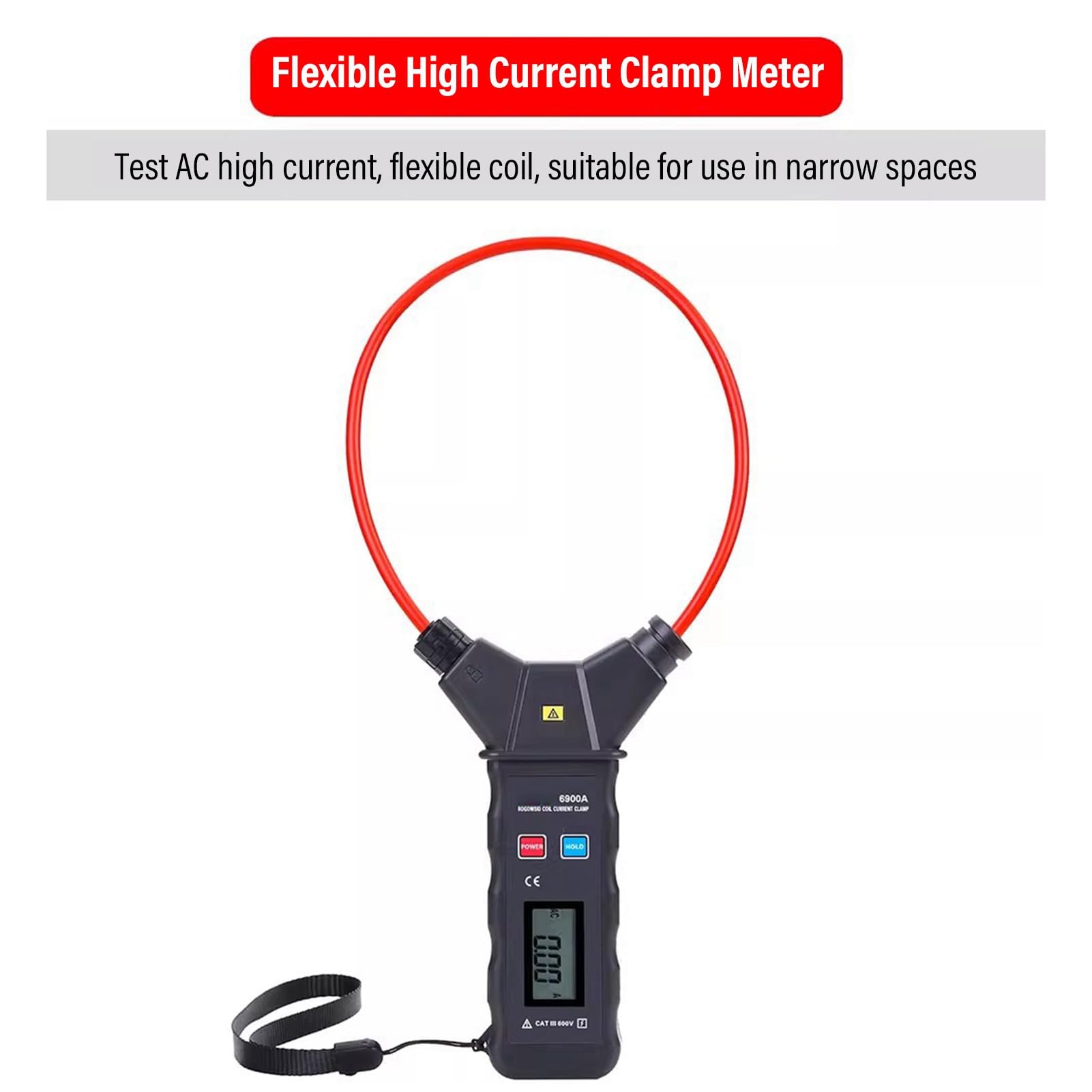 Pinza Amperimétrica Flexible Digital, Medidor de Amperios CA 0-5000 A 0-6000 V, Pinza Amperimétrica de Corriente de Fuga con Pantalla LCD Retroiluminada y Bobina Flexible, Ideal para