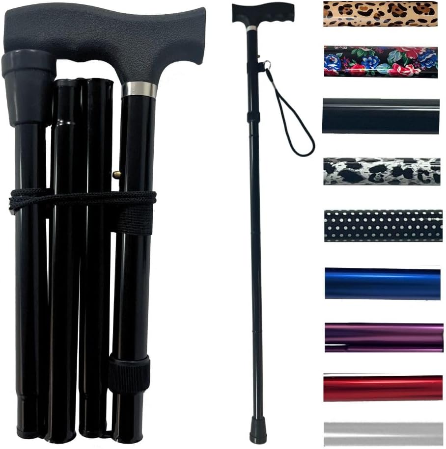 Life Healthcare Folding Walking Stick–Adjustable Height Lightweight Aluminium Cane for Elderly Disabled Men & Women–Non-Slip Rubber Tip Ergonomic Handle & Travel-Friendly Design (Black)