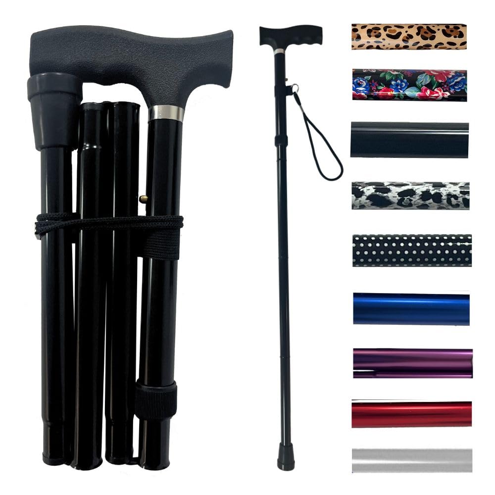Life Healthcare Walking Stick for Women and Men, for Elderly Or Disabled, Folding Adjustable Height, Right Or Left Handed, Non-Slip Rubber Tip, Wrist Strap, Lightweight (Black)