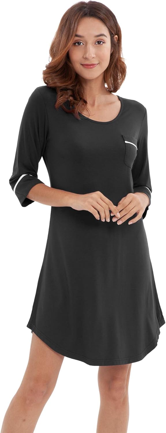 WiWi Super Soft Nightgowns for Women 3/4 Sleeve Cooling Nightshirts Sleepwear Bamboo Viscose Dress S-4X