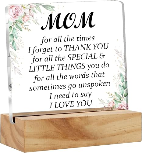 Letrero acrílico con soporte de madera para el hogar, oficina, regalo para mamá de hija e hijo, texto en inglés "Thank You I Love You"