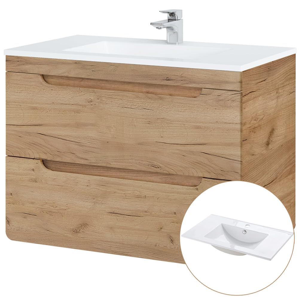 Lomadox Badezimmermöbel Komplett Set Eiche 81 cm Waschtisch, LED-Spiegelschrank, Hochschrank