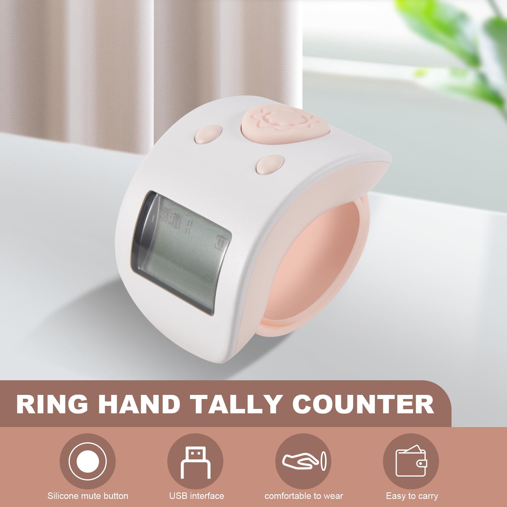 Srutueo Mini Digital LCD Electronic Finger Ring Hand Tally Counter 6 Digit Rechargeable Counters Clicker-White