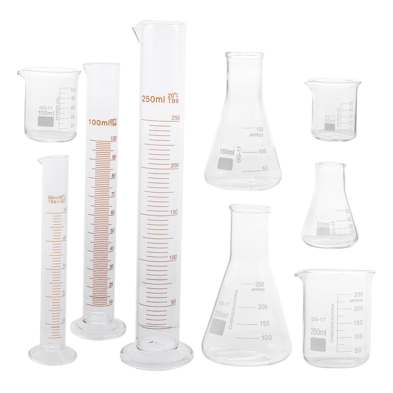 jojofuny Set di 9 Pezzi di Vetro per Laboratorio Becher, Cilindri Graduati e Palloni Resistenza ad Alta Temperatura e Misurazione Accurata per Applicazioni Scientifiche