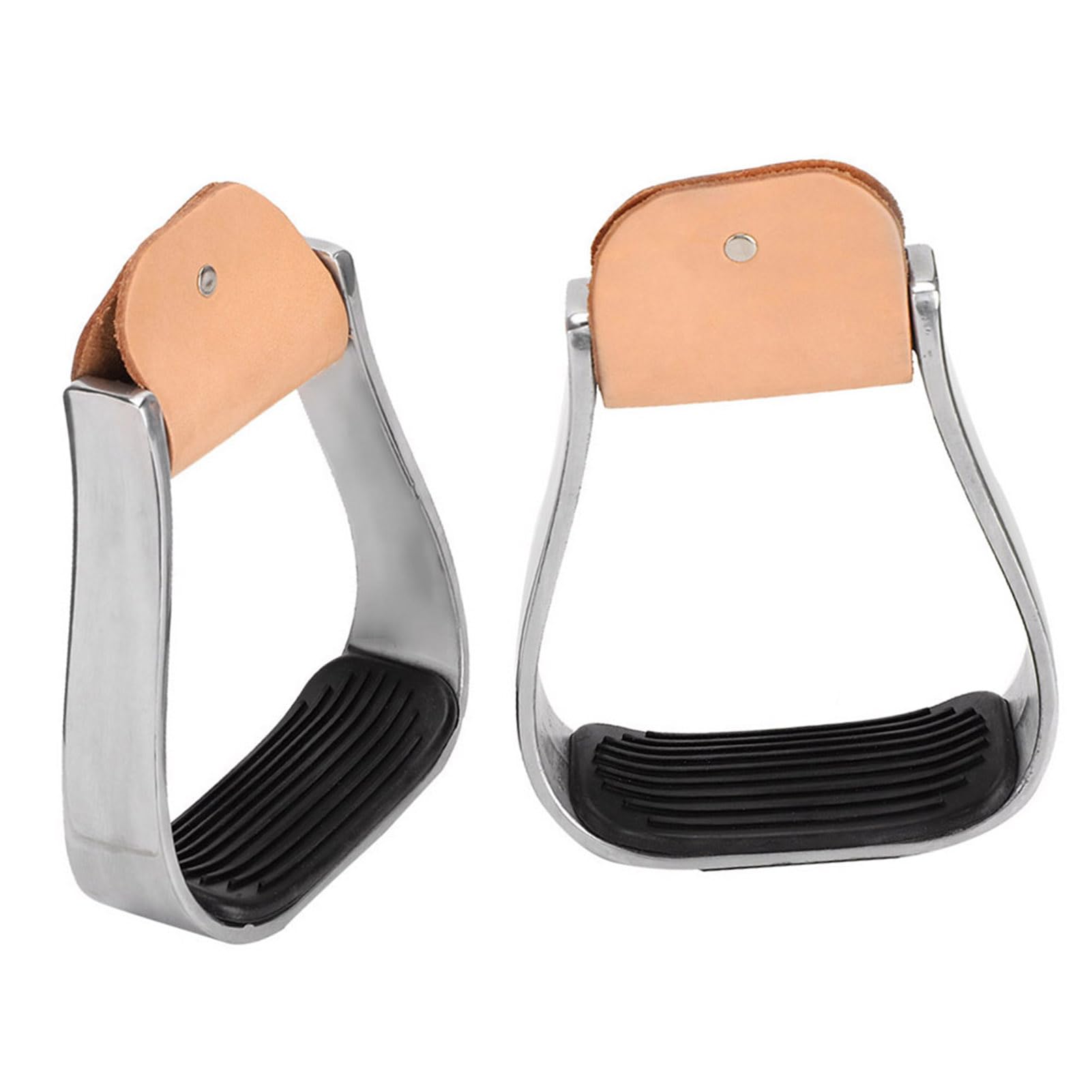 Estribos de aluminio para montar a caballo con parte superior de piel de vaca real, almohadilla antideslizante de goma negra para rendimiento de entrenamiento de equitación