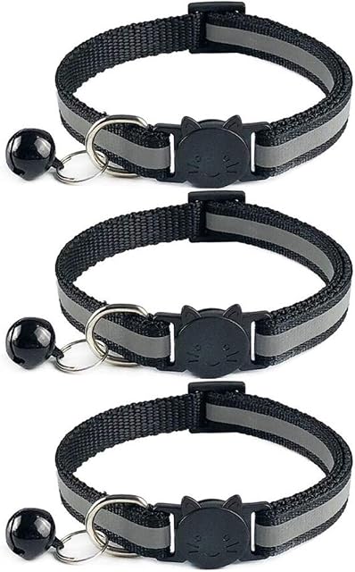 Tafeiya 3x Reflective Design Adjustable Cat Collars 20-32cm More Safety Quick Release Safety Buckle with Bell (Black)