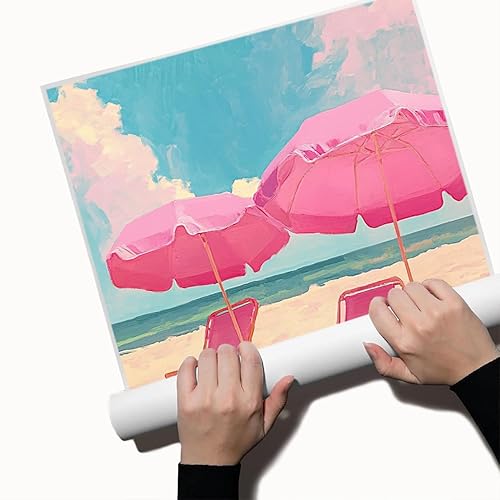 Miniatura 3 de Pintura de playa pastel  11 x 14 pulgadas  Arte de pared costero rosa retro, impresión de paisaje de playa vintage, póster estético de viaje de