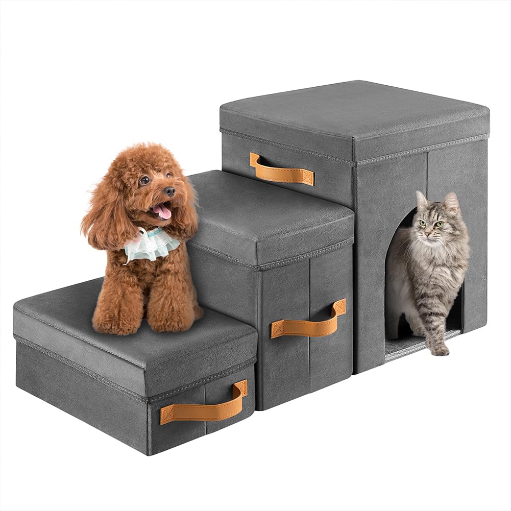 BAKAJI Scale per Cani e Gatti 3in1 Pieghevole in Velluto Olandese Grigio, Scala per Animali Domestici Multifunzione, Scaletta Vano Contenitore e Cuccia Casetta, Gradini Ergonomiche, Fondo Antiscivolo