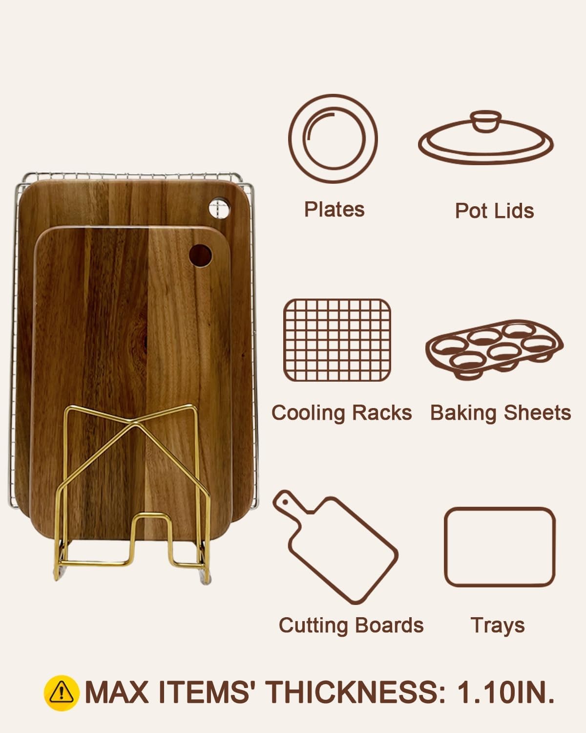 2 Pack Pot Lid Organizer Cutting Board Holder Inside Cabinet 304 Stainless Steel Pot and Pan Organizer Under Cabinet Cookie Sheet Bakeware Serving Tray Cooling Rack Stand Kitchen Countertop Matte Gold