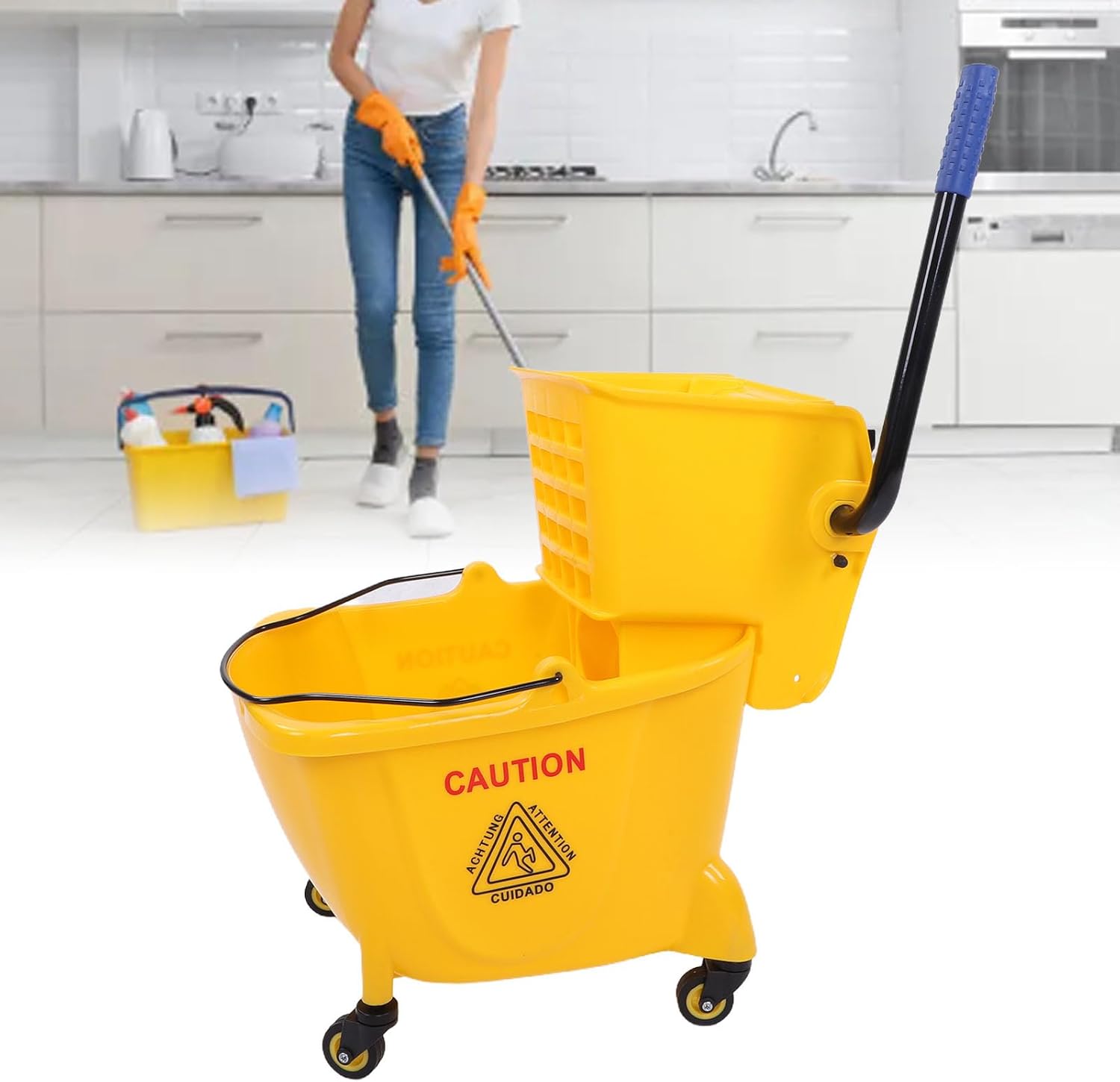 Fockety Commercial Mop Bucket, Rectangular Side Press Wringer on Wheels, 24L Yellow Heavy Duty Cleaning Cart Mop Wringer with 360 Rotating Casters for Restaurant Office Industrial Use
