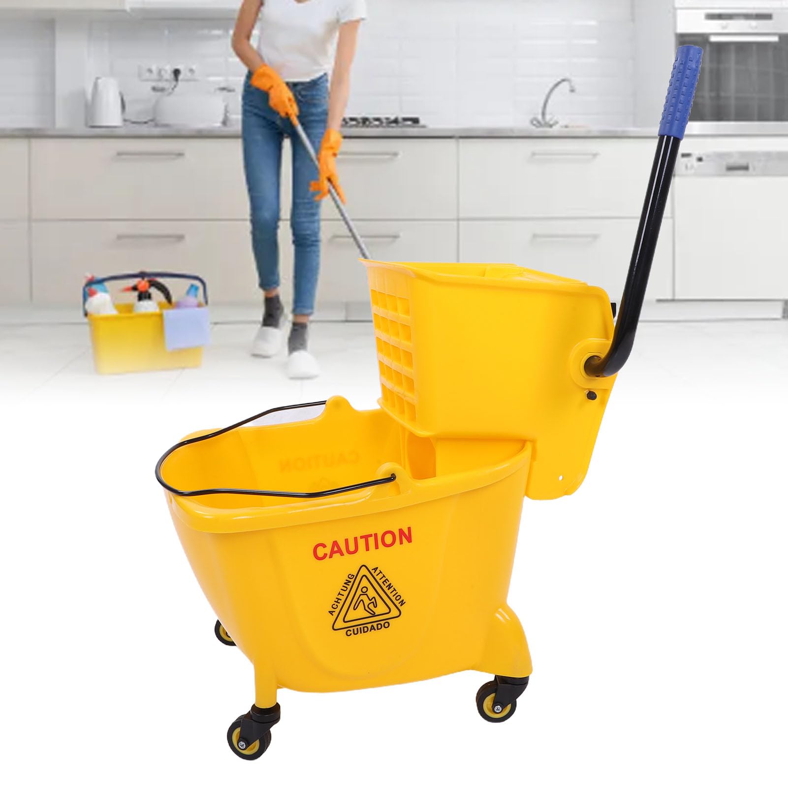 Cubo para Fregona, Carro de Limpieza Comercial Resistente de 24 litros con Escurridor Lateral, Juego de Fregona y Cubo con Ruedas Giratorias 360 para Uso Industrial en Restaurantes y Oficinas