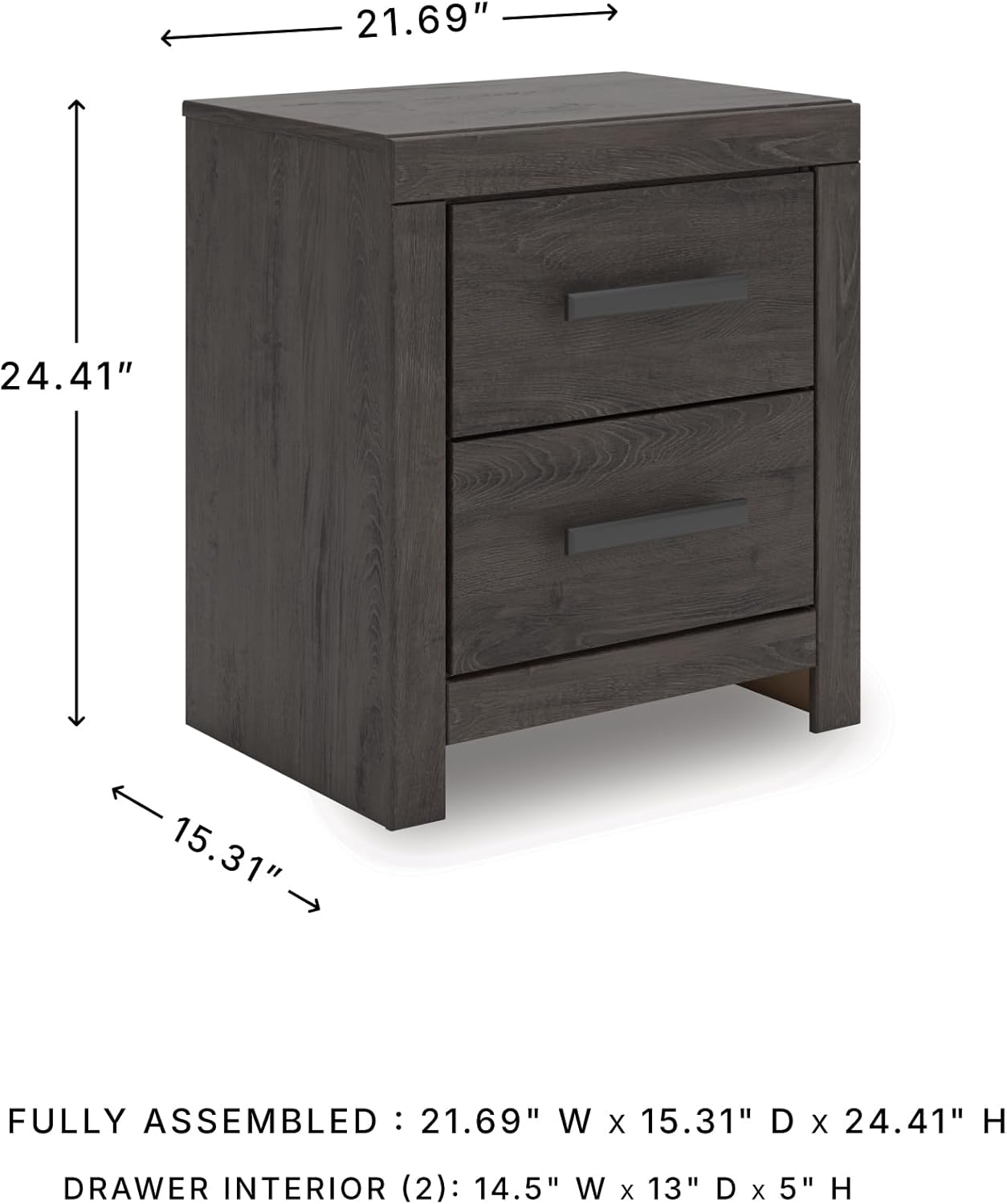 Signature Design by Ashley Prendonea Casual 2-Drawer Nightstand for Bedroom, Wood, Large Handles with Dark Finish, Framed Drawer Fronts, Smooth-Gliding Drawers, 24.41" High, Gray