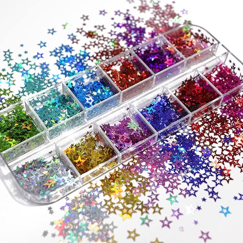 12 Colors Star Nail Art Glitter Sequins, 3D Five-Pointed Star Nail Flakes Designs Holographic Laser Hollow Stars Nail Supplies with Tweezers for Women Girls Manicure Sparkle DIY Body Makeup Crafts