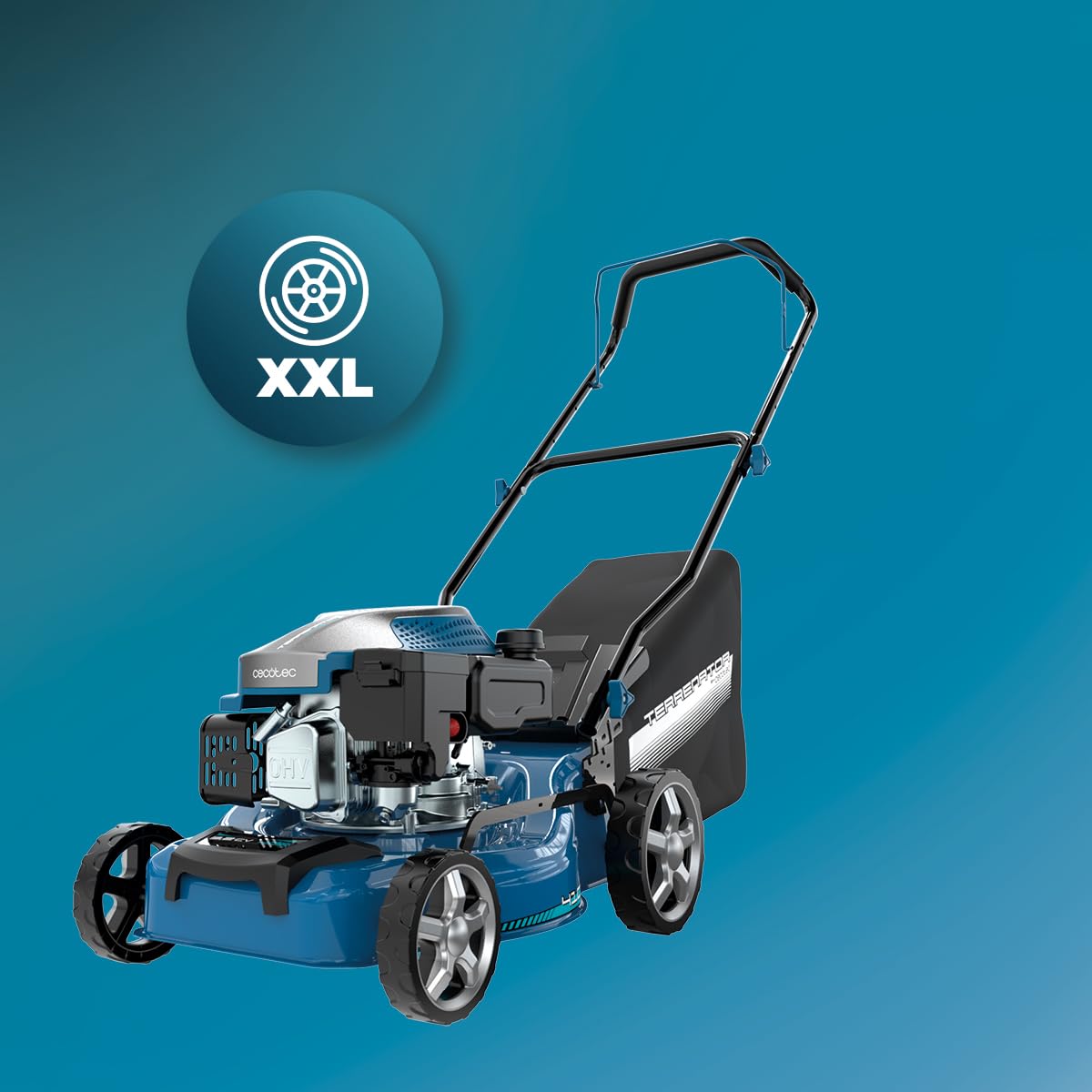 Cecotec Kosiarka benzynowa 144cc Terrenator 2700.41 Plus Total Z | Szerokość cięcia 41 cm, stalowy korpus, zmiana wysokości systemu Z-Tech, 3w1 z mulczowaniem, tylne koła XL