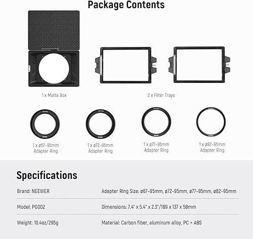 Vista 8 de Neewer Mini Matte Box with Two 4"x5.65" Filter Trays, 4 Circular Lens Adapters, Carbon Fiber Top Flag, Compatible with SmallRig Accessory Compatible