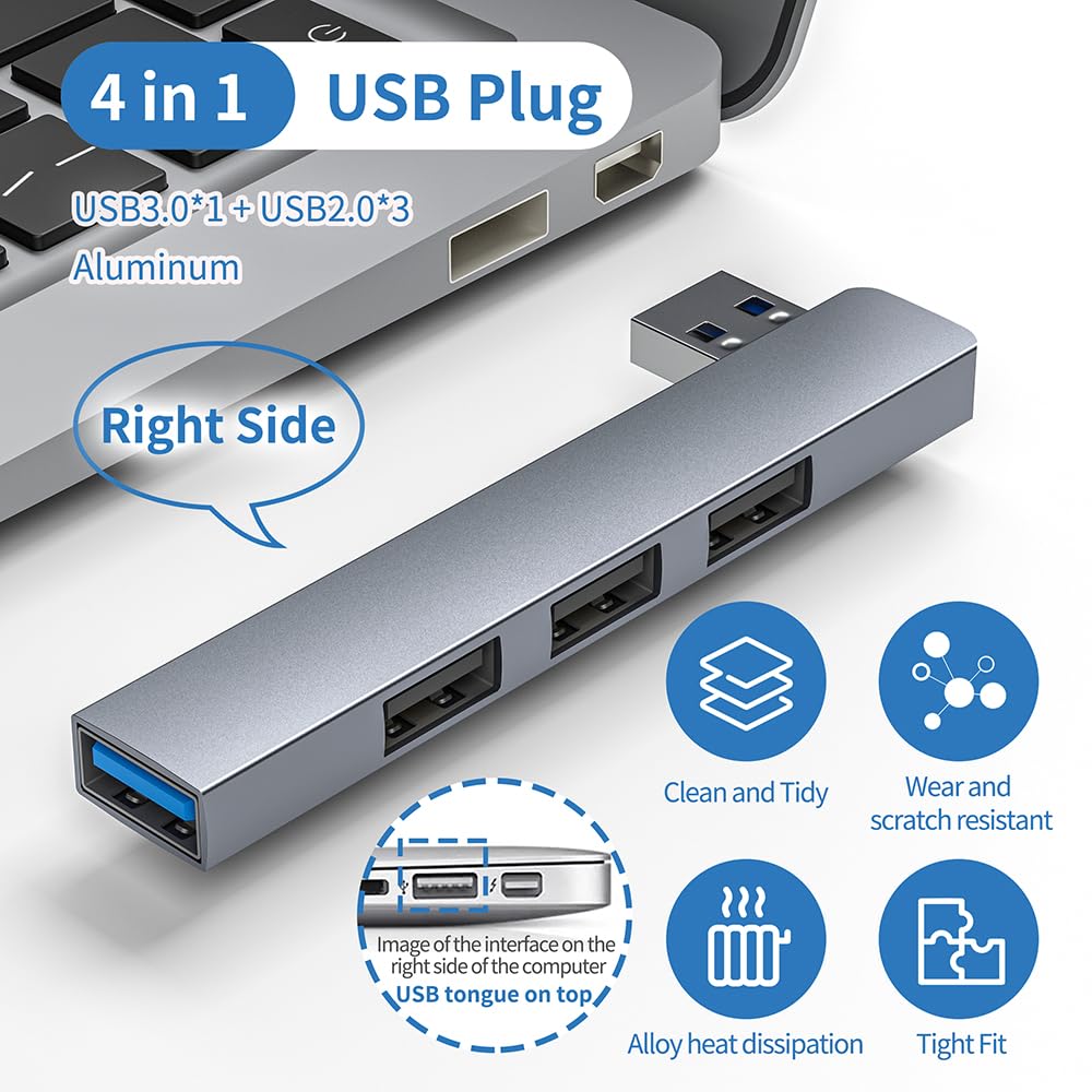 Hub USB 3.0 aluminiowy ekspander USB, 4-portowy przedłużacz/rozdzielacz USB, koncentrator danych do laptopa, szary (prawa strona)