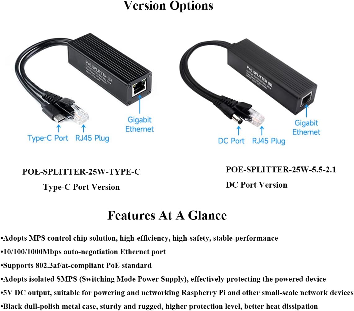 Industrial Gigabit PoE Splitter with IEEE 802.3af/at-Compliant 10/100/1000Mbps,Power Over Ethernet Splitter Adapter for Raspberry Pi 5 4B 3B+ 3B/Network Camera, 5V 5A 25W Output, USB Type-C Port