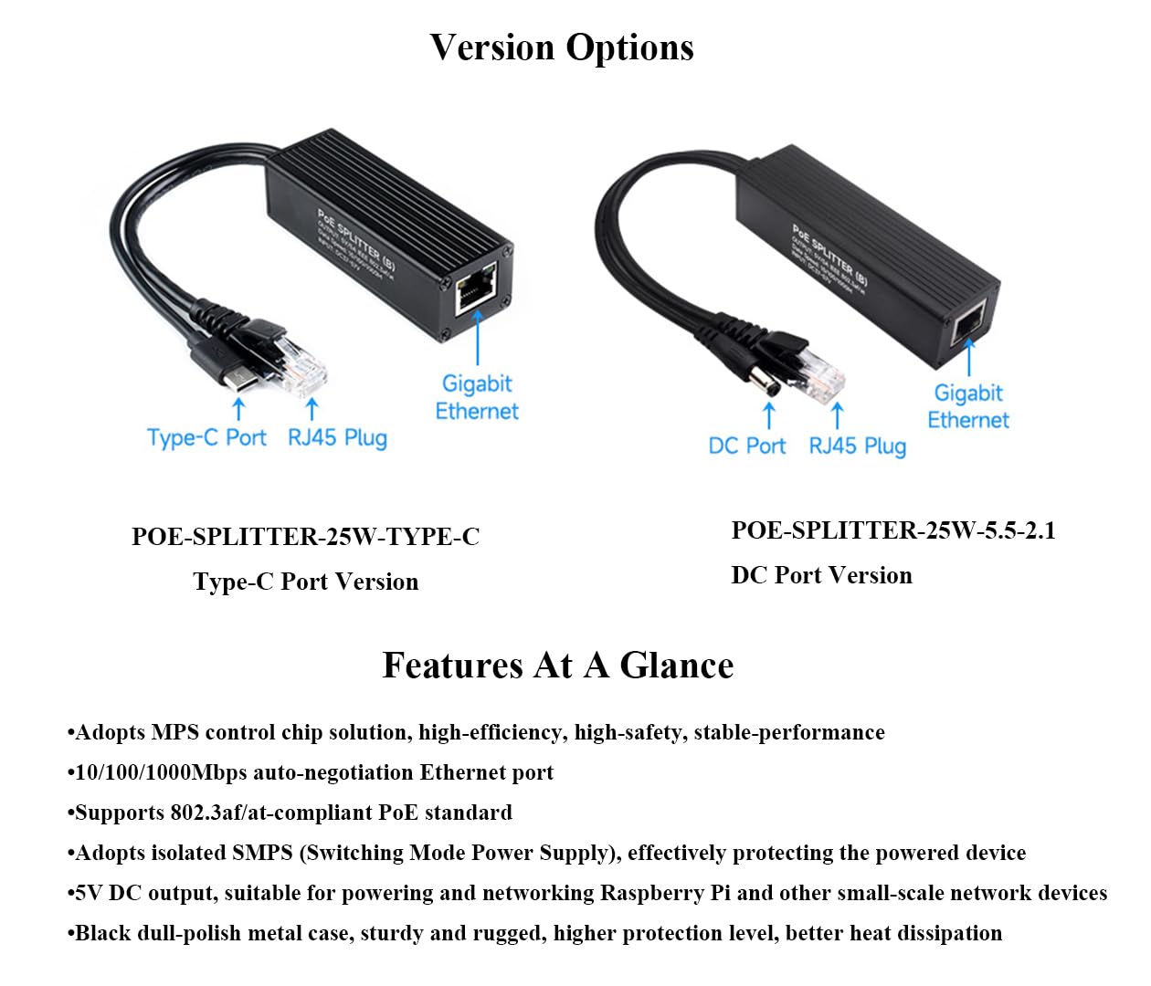 Splitter industriale Gigabit PoE 5V 5A 25W uscita, 1000Mbps, porta USB di tipo C | Power Over Ethernet Splitter compatibile con Raspberry Pi 5 4B 3B+ 3B/telecamera di rete