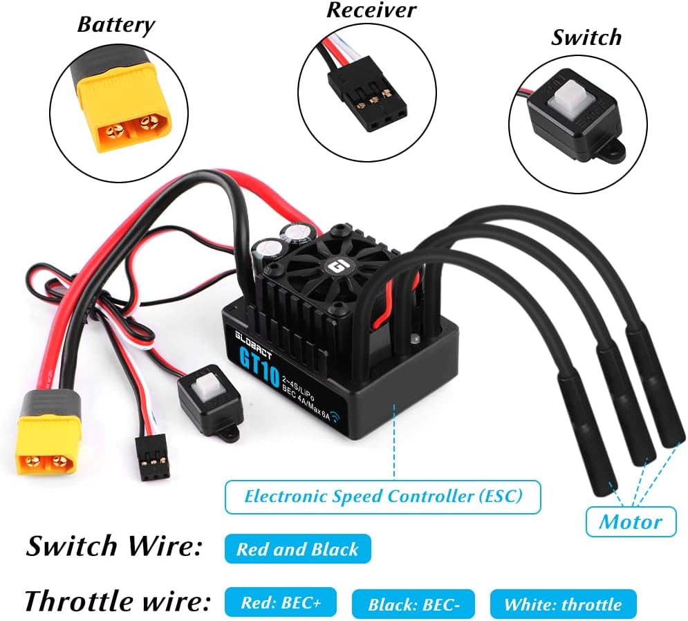 GLOBACT GT10 120A Sensorless Brushless ESC 2-4S Lipo Waterproof Built-in Bluetooth Electronic Speed Controller for Traxxas Arrma Big Rock LOSI 1/10 RC Truck Upgrades
