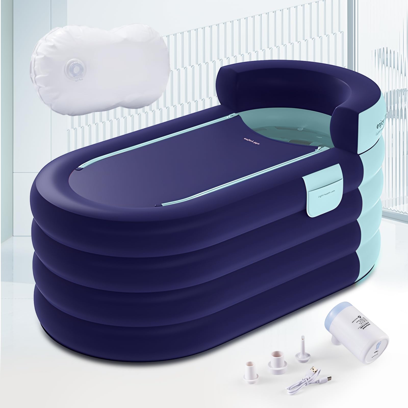 Inflatable Bathtub Adult 63'' Portable Blow Up Bath Tubs with Cordless Air Pump, Ideal for Hot Ice Bath, Quick Drain Design with 9'10'' Long Hose, Phone Pocket, Water Cushion (Blue)
