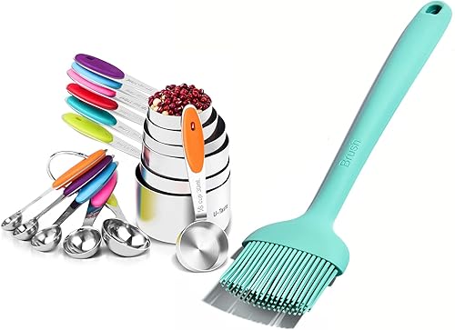 U-Taste Juego de 12 tazas medidoras y cucharas en acero inoxidable 188 y cepillo de silicona para repostería en ángulo de 9.8 pulgadas (cielo