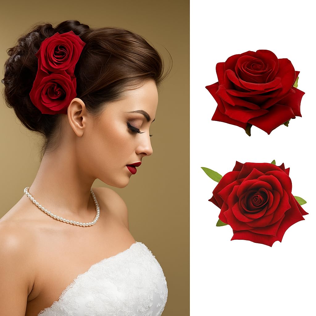 Fitness Fit Artificial Rose Flowers Hair Clips/Pins For Women's and Girls Hair Accessories,set of 2 red color