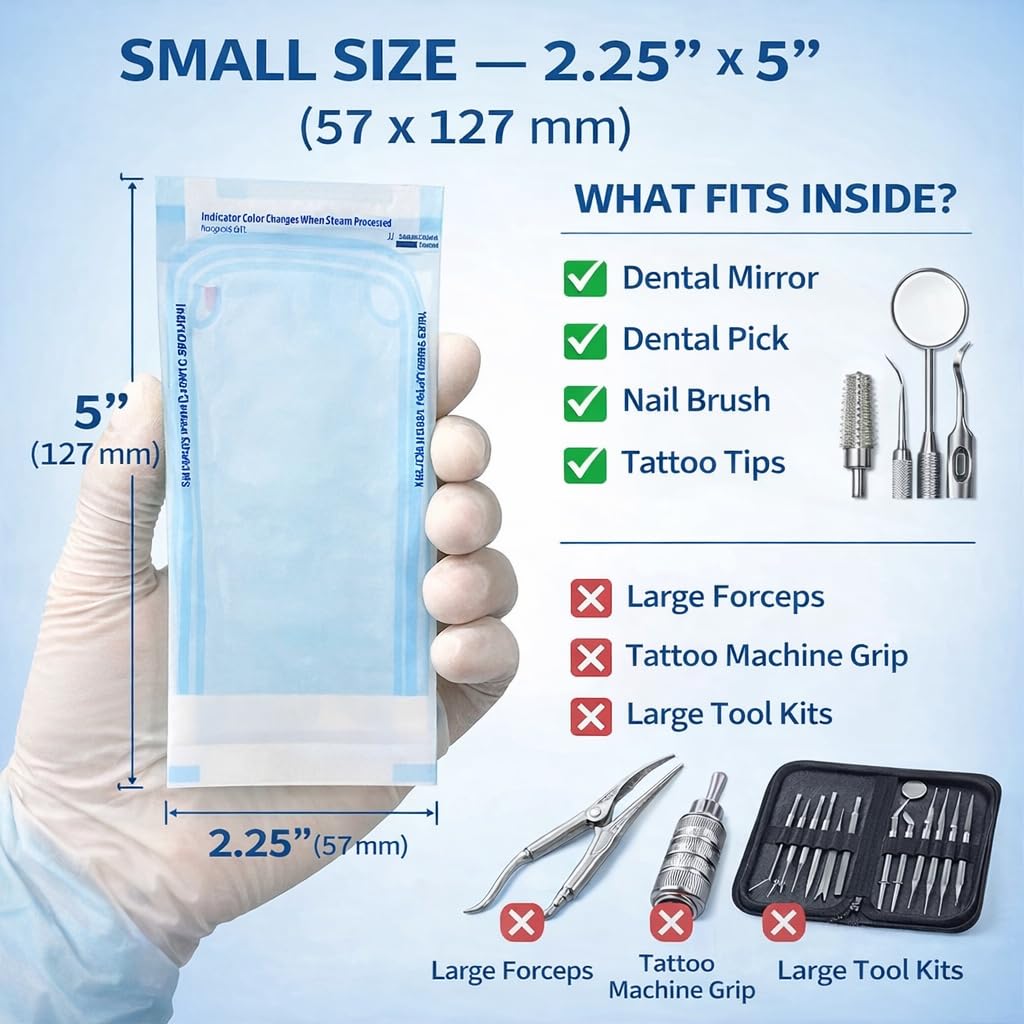 Yuelong 200PCS Small Sterilization Pouch Bags 2.25" x 5"(57 x 127 mm) Self Sealing Autoclave Sterilizer Bags Pouch for Small Nail Tools Dental Tattoo Accessories Tool Storage Bag
