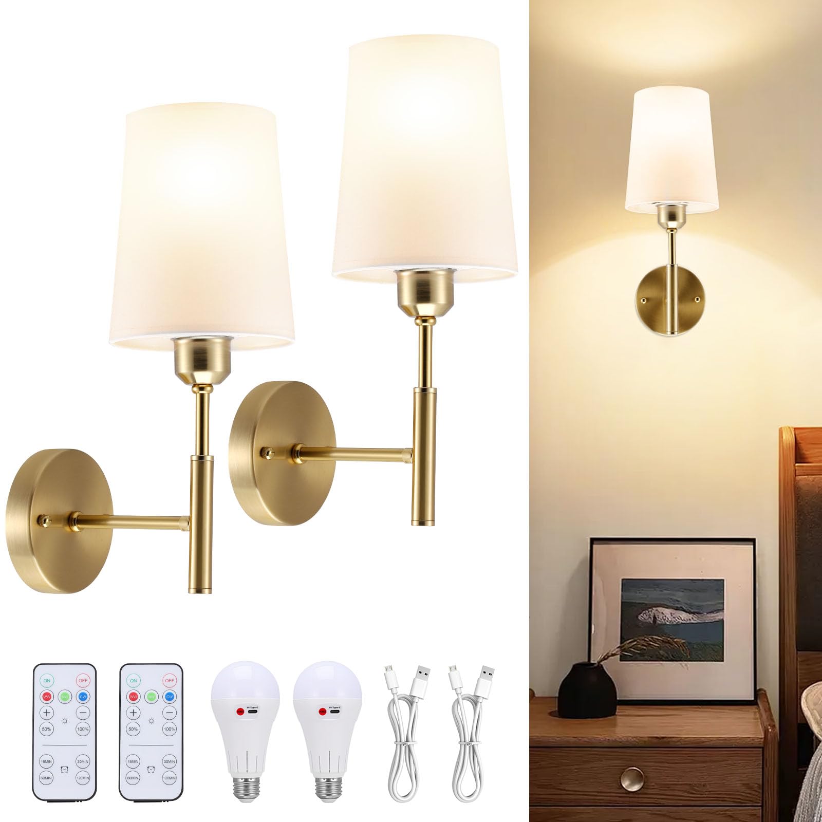 2 Pack Rechargeable Wall Lights with 3 Color Temperatures, 5000mAh Battery