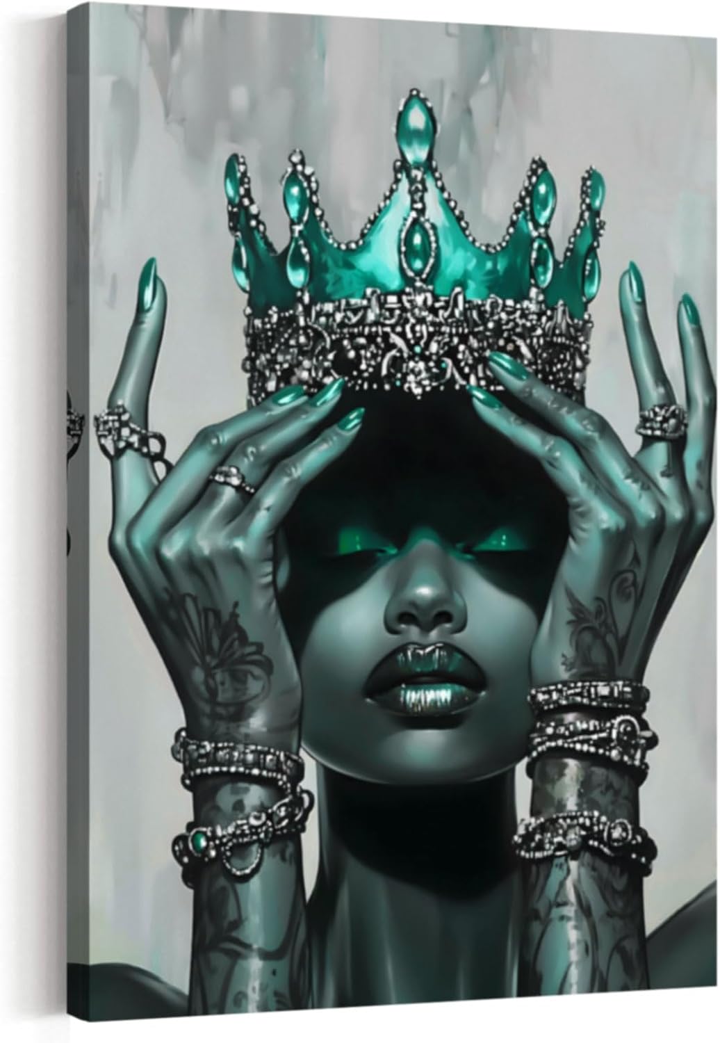 CHAOSETKEN Black Queen Wall Art African American Pictures Decor Black Woman Canvas Prints Afro Queen with Crown Paintings for Girls Room Framed (Teal,18L x 12W)