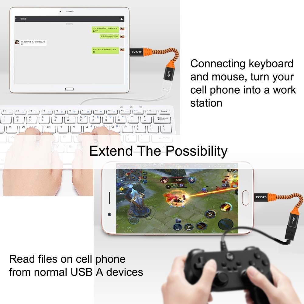EVISTR USB C to USB Adapter - 2Pack 0.6FT Type C to USB 3.0 OTG Adapter Cable On The Go Cable Compatible with MacBook Pro, Dell XPS, Chromebook, Samsung S20 S10 S9, Nintendo Switch and More (Orange)