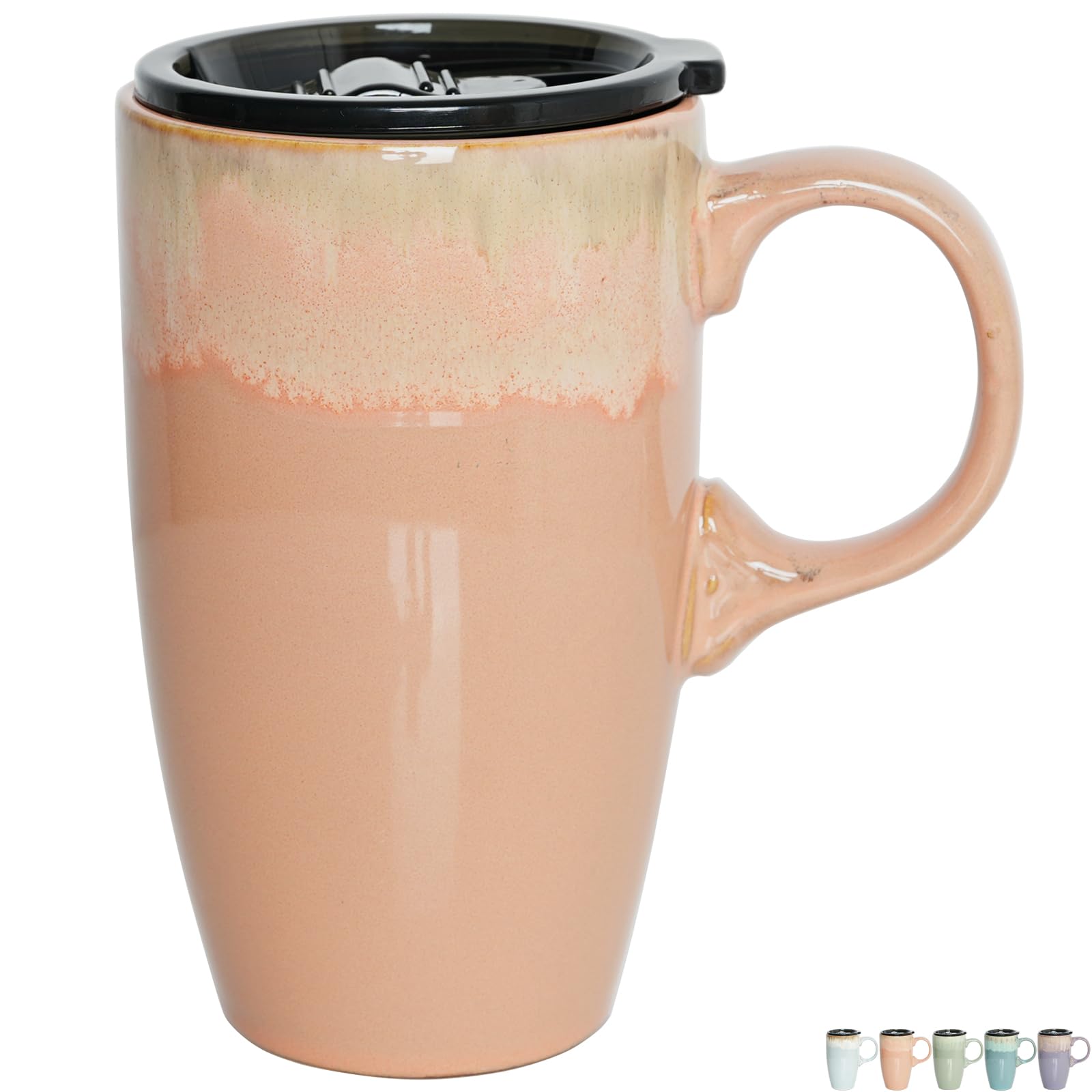 Bosmarlin Ceramic Travel Coffee Mug with Handle and Lid, 18 oz, Portable Coffee Cup for Car Cup Holder, Microwave and Dishwasher Safe, Reactive Glaze (Light Orange)