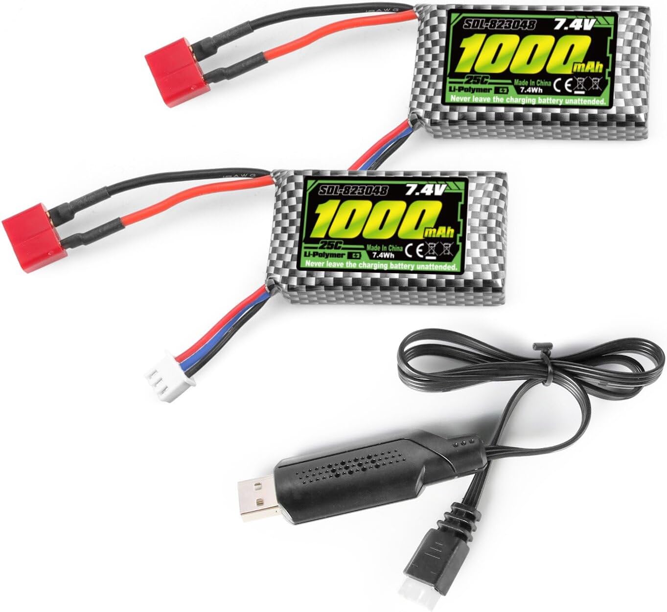 RC Car Battery, 7.4V 1000mAh Li-PO Rechargeable Battery Apply for 1/18 RC Trucks 18859 & 18858 &18868 & 18859A & 2196 & 2197 &16889 2pcs T Plug Batteries with USB Charger (SDL-M16150)