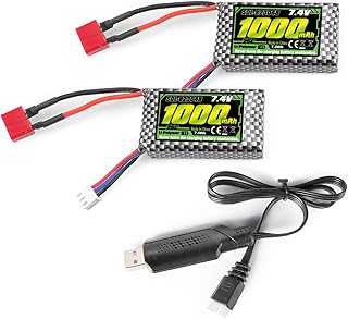 HAIBOXING RC Car Battery, 7.4V 1000mAh Li-PO Rechargeable Battery Apply for 1/18 RC Trucks 18859 & 18858 &18868 & 18859A & 2196 & 2197 &16889 2pcs T Plug Batteries with USB Charger (SDL-M16150)