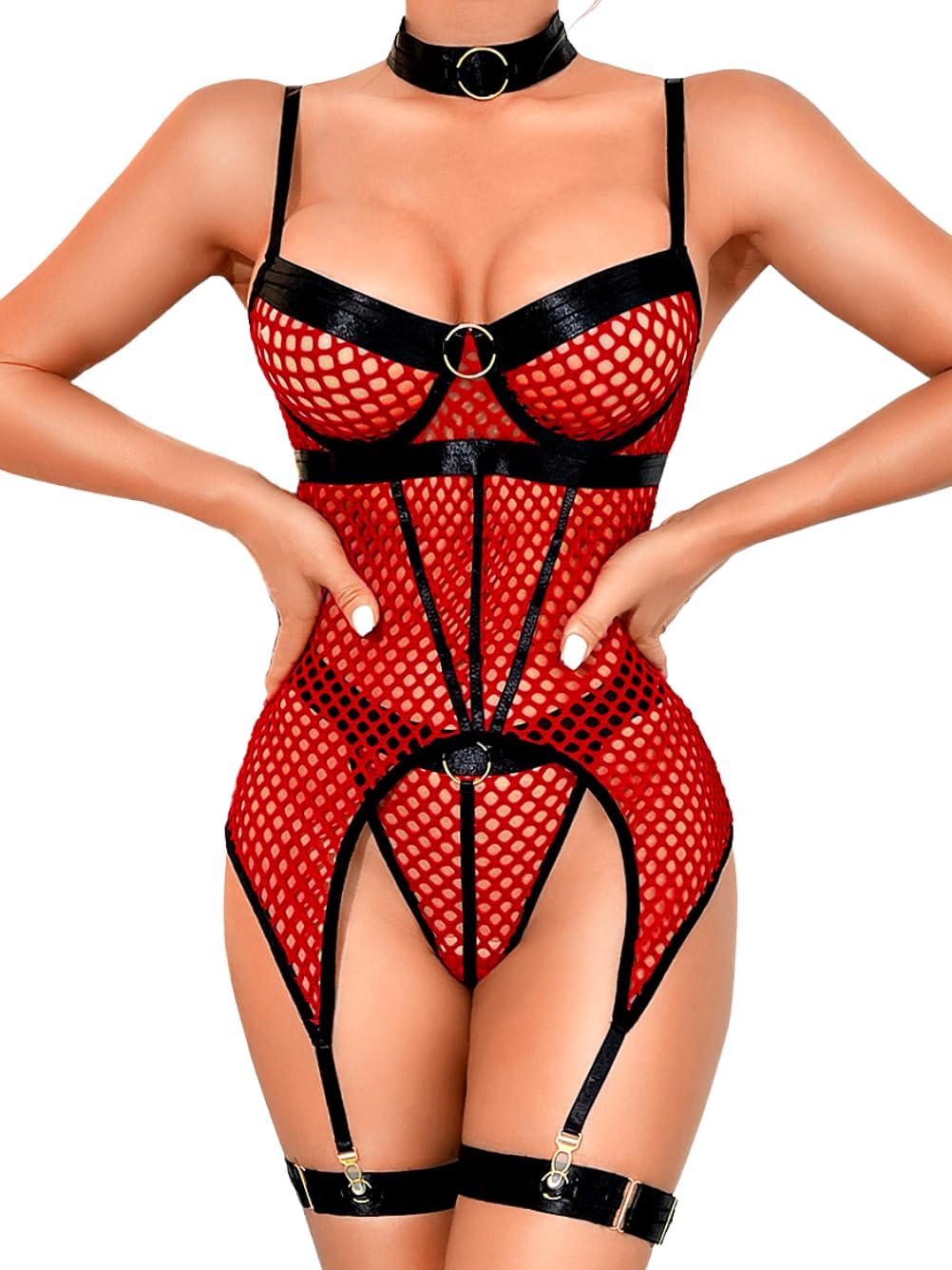 Kaei&Shi Rave Outfits Fishnet, Exotic Strappy Backless, Choker Garter Lingerie