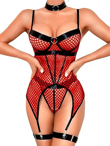 Exotic Strappy Backless, Choker Garter Lingerie - 8-10 - Red