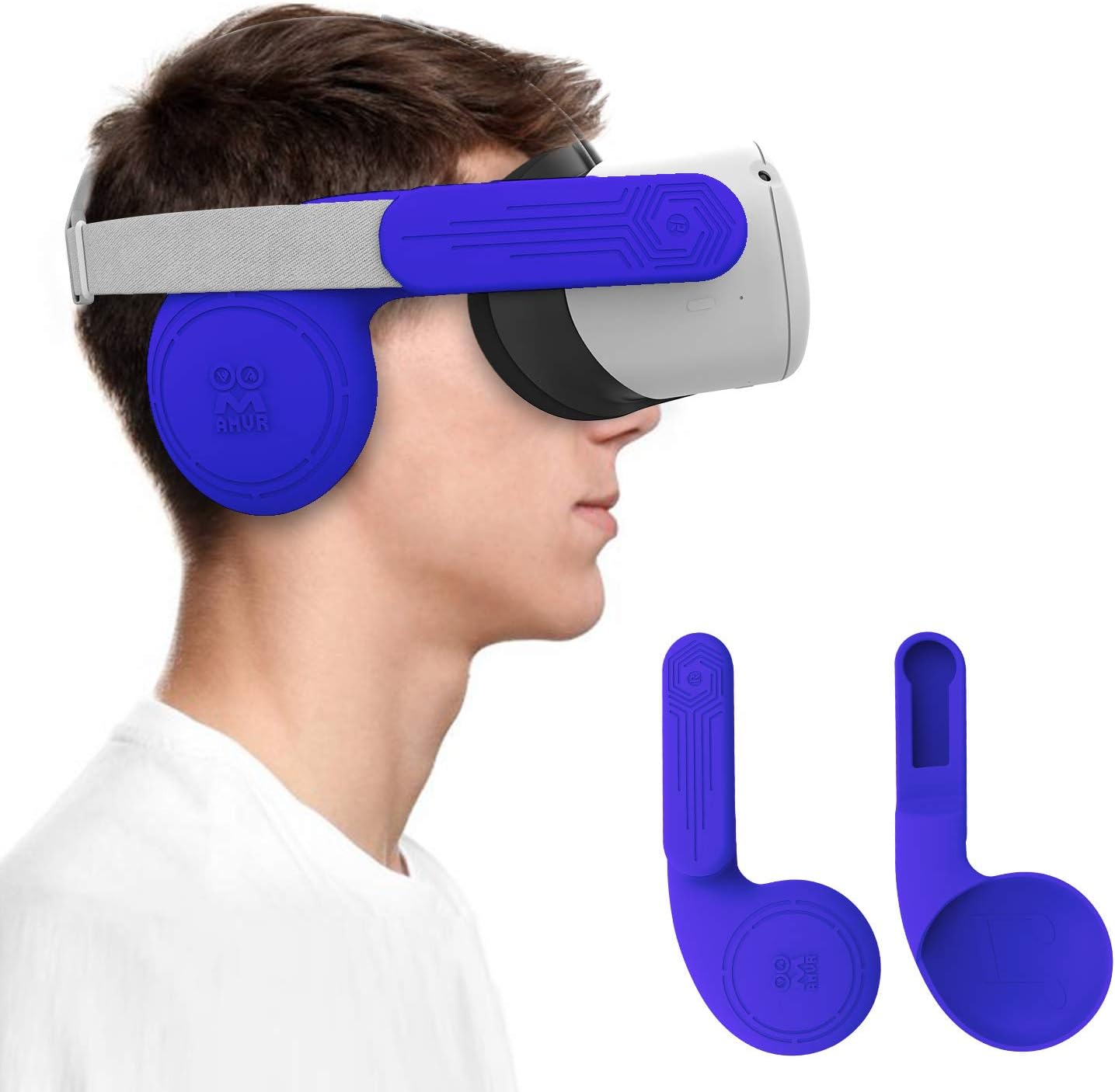AMVR VR Silicone Face Cover & Ear Muffs for Quest 2 Headset, Sweatproof Waterproof Anti-Dirty Replacement Facial Cushion and Enhance Headset Sound Headphone Extension Cover (Blue)
