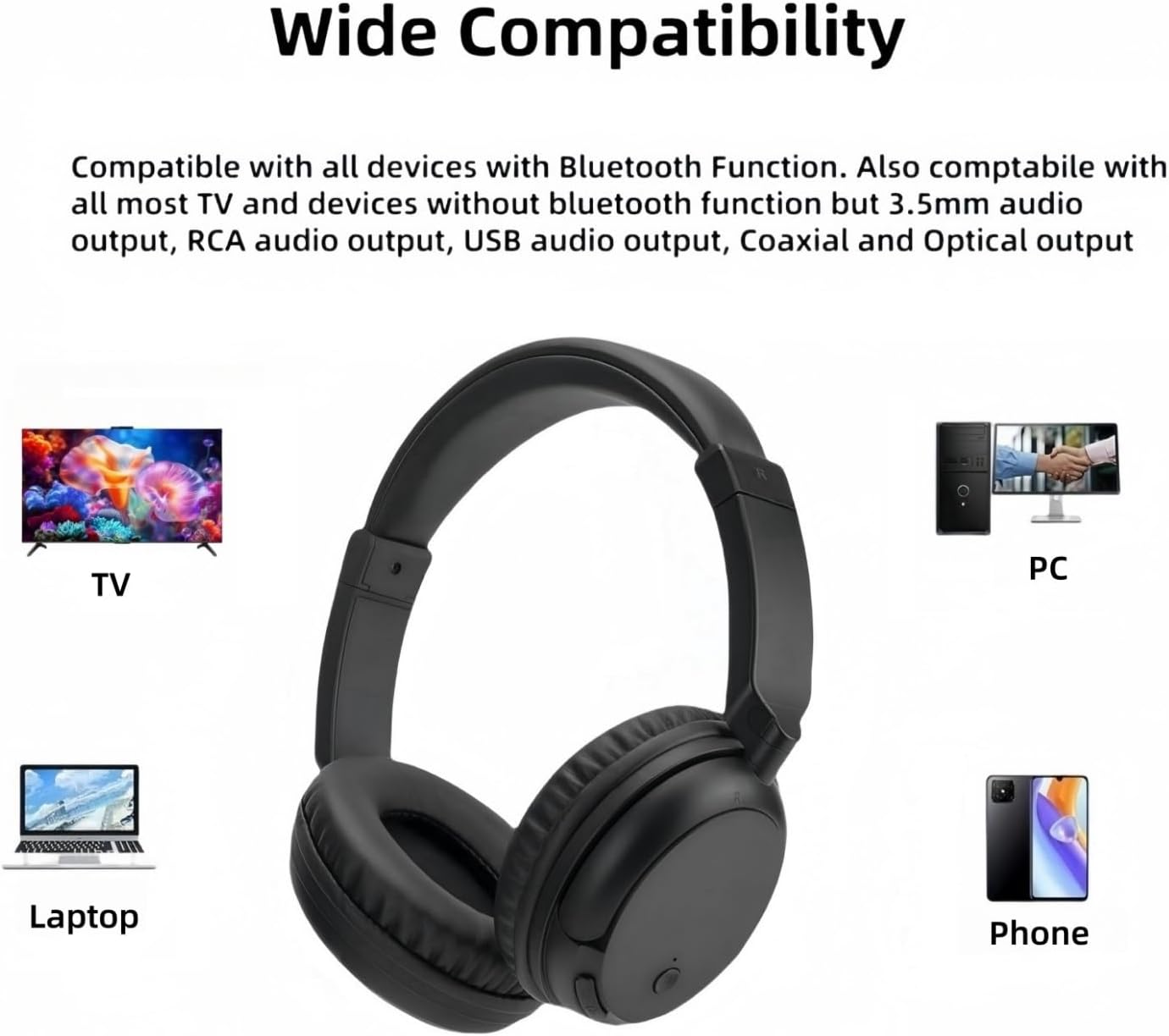 Image illustrating wide compatibility of Queemie Wireless TV Headphones with various devices like TV, PC, Laptop, and Phone.