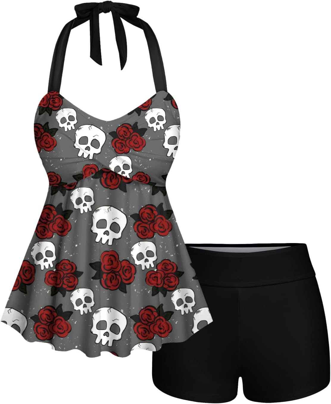 Rosegal Women Plus Size Goth Two Piece Tankini Set Skull Rose Flower Halter Swimsuits