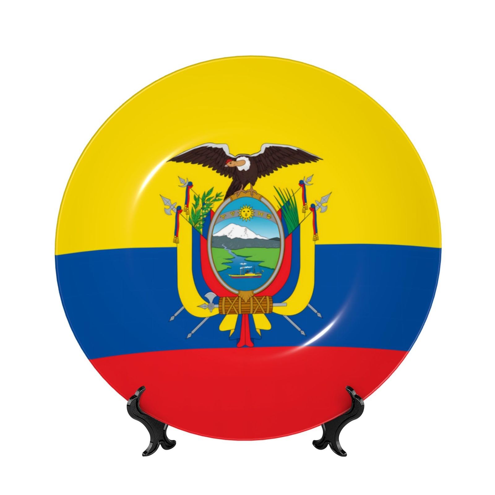 SXZVVBN Flag of Ecuador Bone China Decorative Plate Art with Stand Removable Adhesive Hanging for Home Office 10in（25cm）
