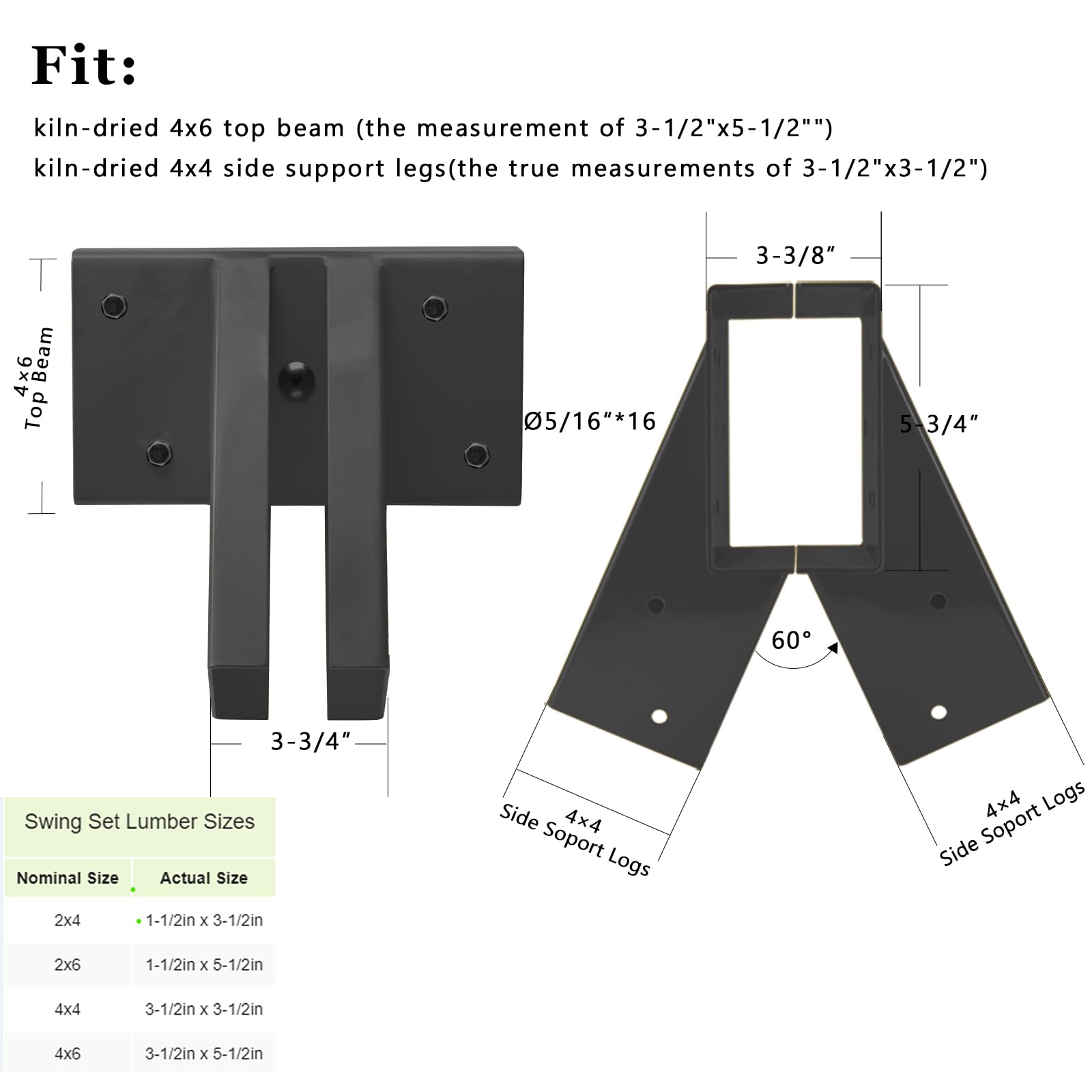 Ensemble de supports de balançoire de 25,4 cm, kit de matériel de balançoire de construction à boulon avec acier de 3 mm d'épaisseur pour pieds de 4 x 4 et poutre de 10,2 x 15,2 cm, support