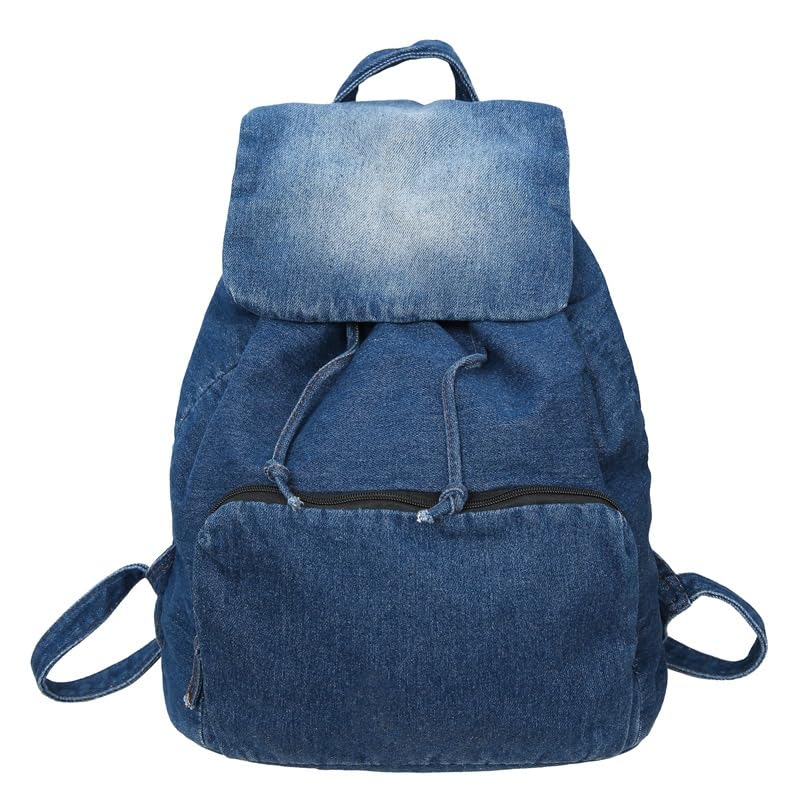 Fashion Backpack Denim Daypack, Women Men Shoulder Bag Grunge y2k Canvas Bookbag Large Daypack Daily Hiking Travel Bag (dark blue)