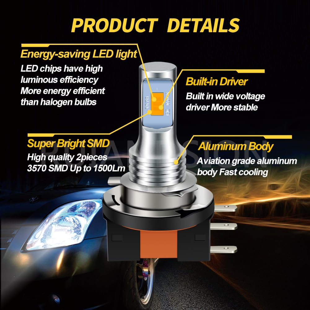 Ruiandsion H15 3570 2SMD LED fendinebbia LED giallo ambra super luminoso per luci di marcia diurna auto DRL, confezione da 2